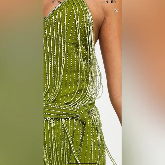 ASOS Design embellished fringe mini dress with tie waist with lime detail - Picture 2 of 9